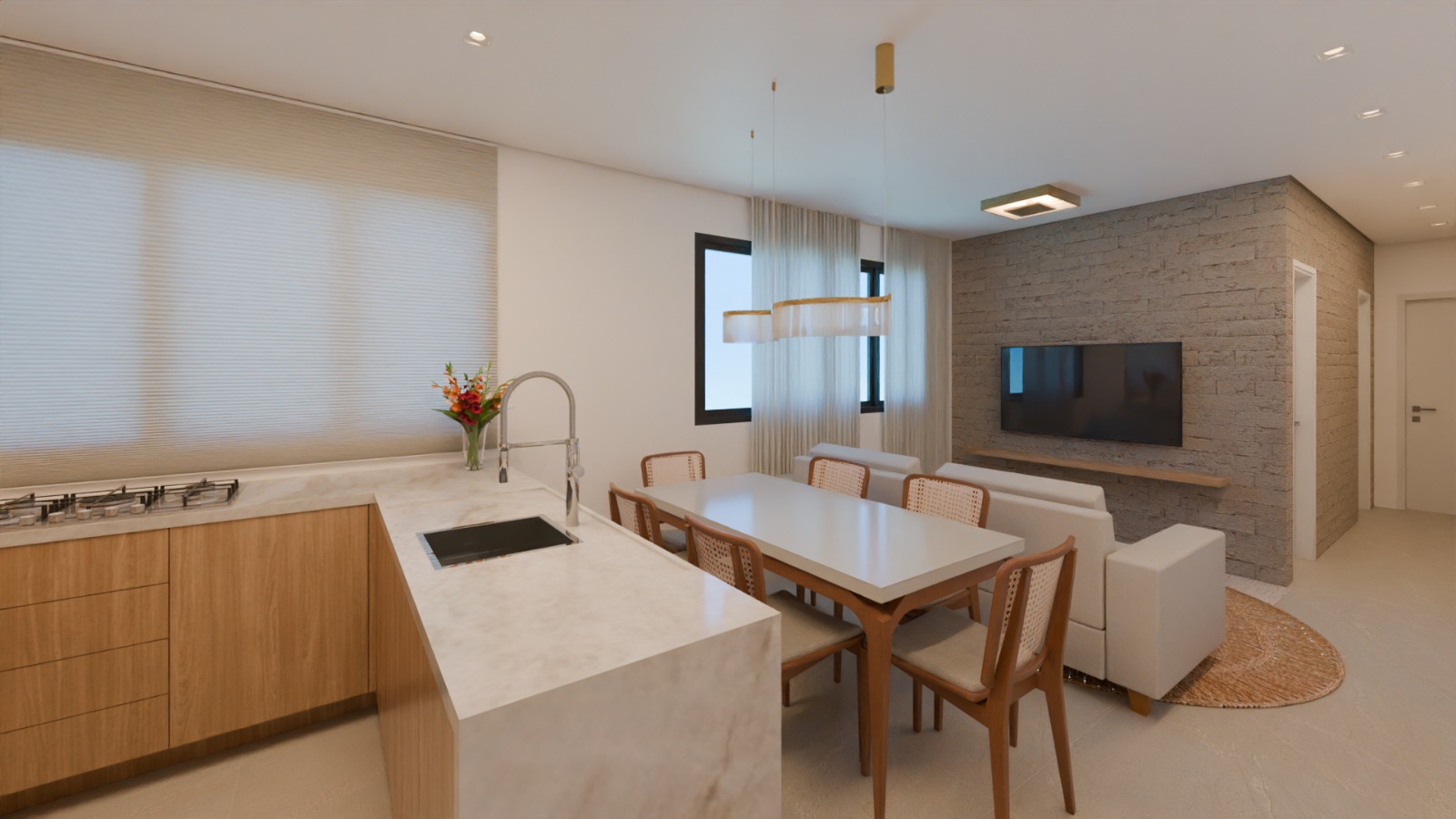 Cozinha conjugada com sala estar.